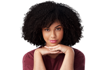 Face, fashion and confident woman isolated on a transparent png background. Portrait, model and natural female person from South Africa with cosmetics, aesthetic and casual clothes, tshirt and style
