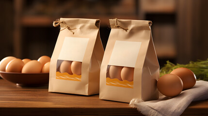 eggs packaging, bag, kitchen table, packaging mockups, AI-generative, 