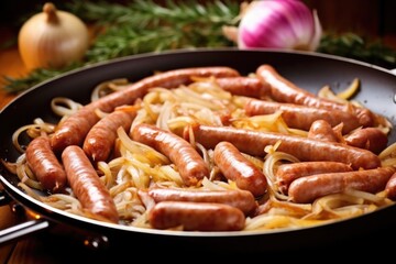 sausages frying with onions in a household pan