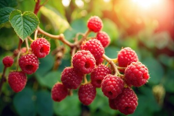 Branch of ripe raspberries in a garden on blurred background. Growing sweet berries. ai generative