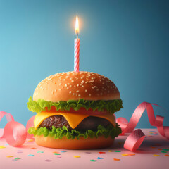 burger with one birthday candle on color background. ai generative