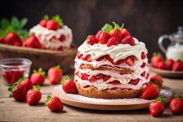 delicious strawberry cake with cream on wooden table. ai generative