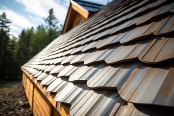 close-up angle of wooden shingles on a sunny day