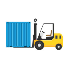 Yellow forklift truck with container. Warehouse logistics concepts.