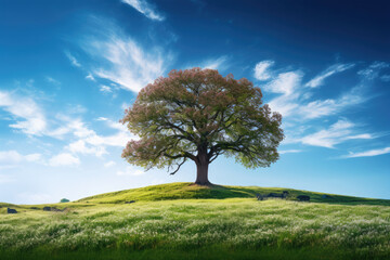 Obraz premium Autumnal oak tree on crown of grassy hill