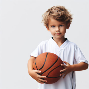little boy in uniform holding basketball ball portrait on white background. ai generative