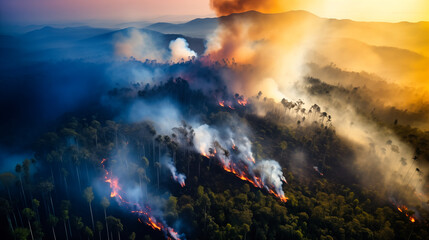 Forest fire in the rainforest. Drone aerial top view.