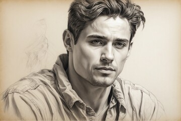 Fototapeta premium male portrait drawn with very hard pencil on tracing paper. ai generative