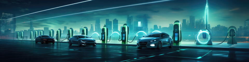 Modern electric charging station replacing old petrol stations. - obrazy, fototapety, plakaty