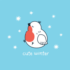 Vector illustration of a cute winter bird bullfinch with snowflake stars and lettering on a blue background