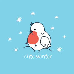 Vector illustration of a cute winter bird bullfinch with snowflake stars and lettering on a blue background