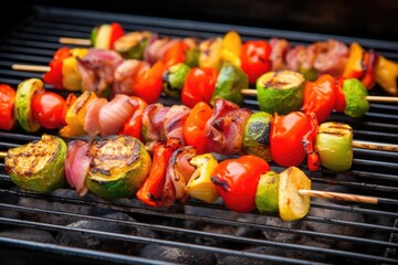 barbecue skewers with brussels sprouts and bacon on grill