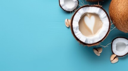 Obraz na płótnie Canvas Coconut milk on blue background. Top view with copy space. Coffee Concept With Copy Space