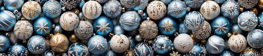 An image of different Christmas balls as a background. This image can be used as a greeting card or as a background for a holiday related website or advertisement. - obrazy, fototapety, plakaty