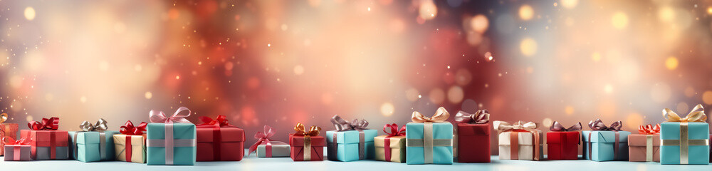 Festive illustration of a pile of gift boxes with ribbons and bows on them. It can be used in a greeting card or as a background for a holiday related website or advertisement