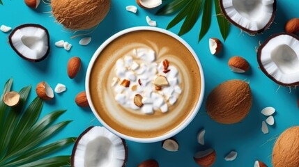 Fototapeta na wymiar Cup of coffee with latte art and coffee beans on blue background. Coffee Concept With Copy Space