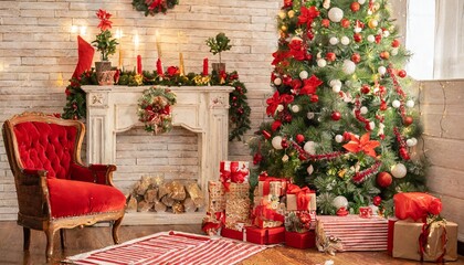 Christmas tree with gifts and fireplace