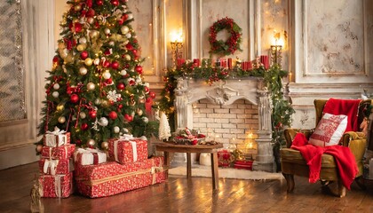 Christmas tree with gifts and fireplace