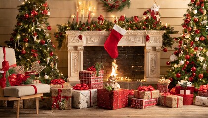 Fototapeta na wymiar Christmas tree with gifts and fireplace