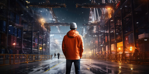 Male dockworker, wearing orange coat, looking up at night, time scene in a container port