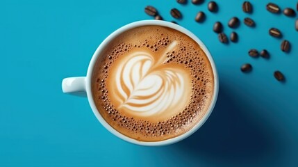 Cup of coffee with latte art and donuts on blue background. Coffee Concept With Copy Space