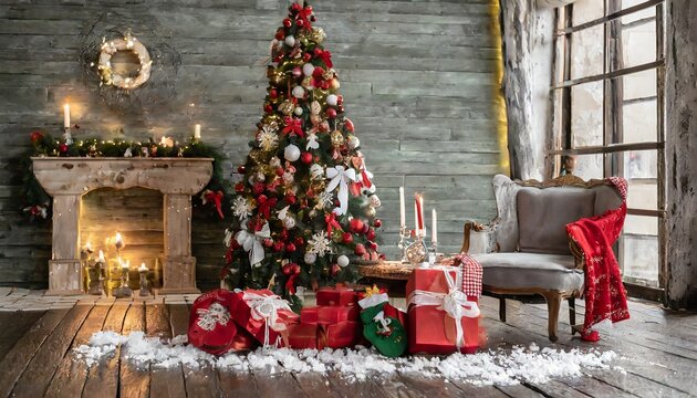 Christmas tree with gifts and fireplace