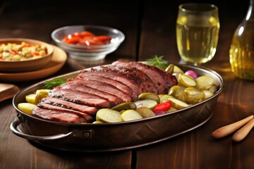 sliced smoked brisket with pickles and onions