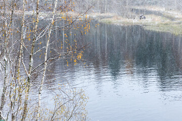 Autumn landscape with birch trees on the river coast