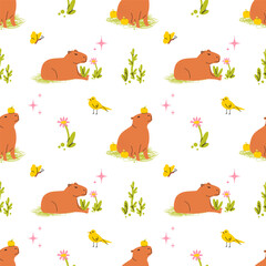 Cute hand drawn capybara children pattern. Childish background with capybara, bird, flower. Colorful vector contemporary illustration.
