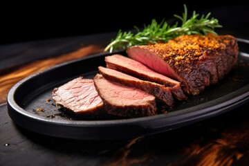 sliced brisket with a crispy crust on a black plate