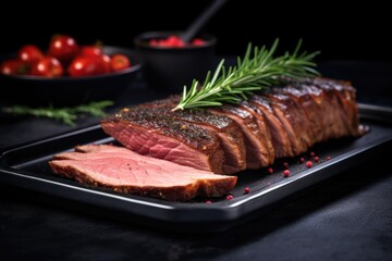 sliced brisket with a crispy crust on a black plate