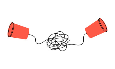 Hand drawn cute cartoon illustration paper cup phone. Flat vector two paper cups with tangled string sticker in colored doodle style. Handmade call device icon. Dispute, misunderstanding. Isolated.