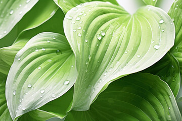 Fresh hosta plant leaves after rain with water drops