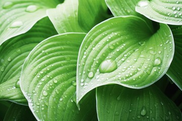 Obraz premium Fresh hosta plant leaves after rain with water drops