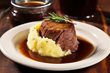 single serving of smoked beef brisket with mashed potatoes and gravy