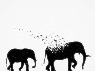 Elephant mom and child. Endangered animal silhouette. Wildlife protection.