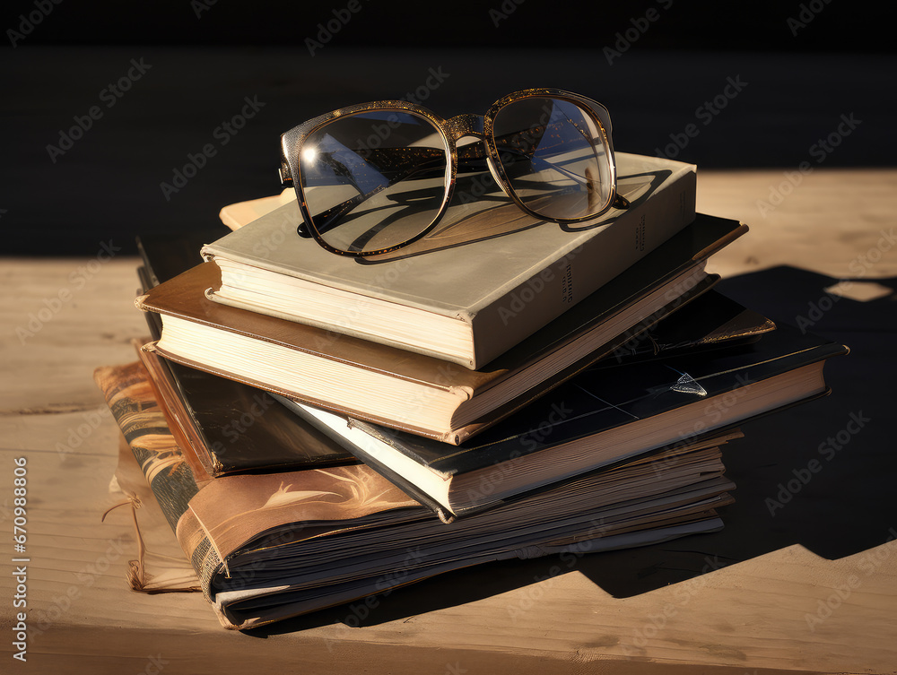 Poster pile of books and transparent glasses. it's a perfect representation of knowledge and learning, idea