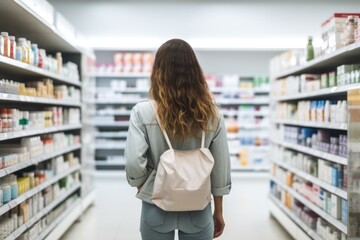 Rear view of young woman with bag standing against shelf in pharmacy
