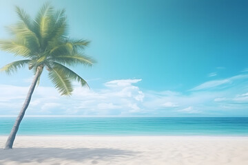 Fototapeta na wymiar tropical beach view at sunny day with white sand, turquoise water and palm tree. Neural network generated image. Not based on any actual scene or pattern.