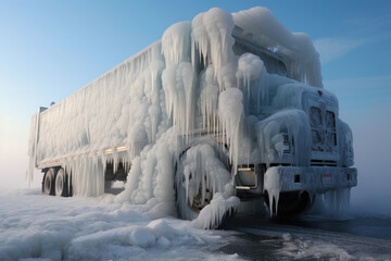 Winter scene of Frozen trucks – heavy goods vehicles covered in ice and icicle,s blue sky in the background 