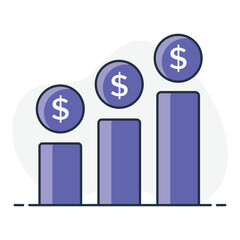 A multi tier savings icon with three bars and a dollar sign above each, representing savings goals, financial planning, and financial goals.