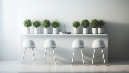 Sink, table and stools in white minimalist style interior design
