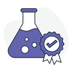  A high quality and tested icon with a beaker and a badge with a tick, representing quality, assurance, and certification.