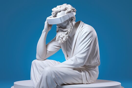 Sculpture thinker with VR glasses over color background