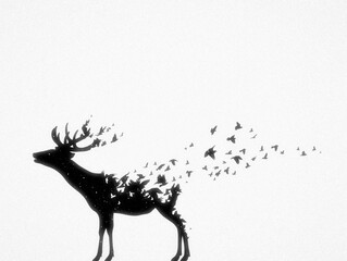 Abstract deer, flying birds. Endangered animal. Black white silhouette - obrazy, fototapety, plakaty