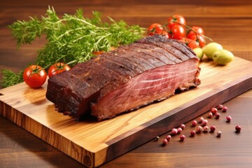 smoked beef brisket on bamboo board