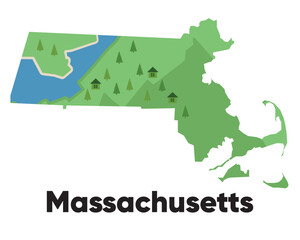 Massachusetts map shape United states America green forest hand drawn cartoon style with trees travel terrain