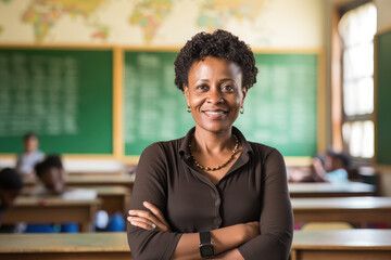 Fototapeta premium Smiling African woman teacher with arms crossed, radiating confidence and positivity in a classroom. Ideal for educational concepts and inspiring mentors in elementary and university settings.