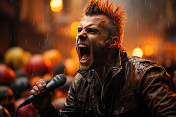 Punk singer with orange Mohican hairstyle, performing at outdoor concerts in the rain - obrazy, fototapety, plakaty