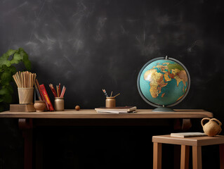 Student's table, chalkboard, and a globe, creating a vibrant atmosphere for learning. Ideal for a variety of educational and knowledge-themed projects, this image inspires curiosity and achievement.